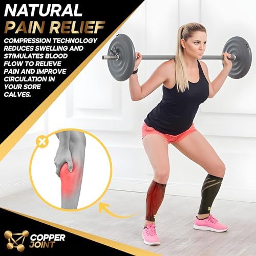 Calf Compression Sleeve for Men & Women –Leg Compression Sleeve for Shin Splint Relief, Leg Cramps, Varicose Vein Compression Leg Sleeve, Calf Sleeves for Runners -Copper Infused Nylon 20-30mmHg Large