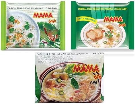 Mama Oriental Style instant noodles Mix Flavor Bundle Package Total 30 Packs (3 Flavor Clear Soup Mix (Flat Noodle, Rice Vermicelli, and Chand Noodle) 3 Flavor 10 bag each total 30 bags