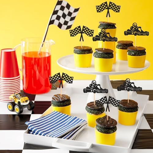 24PCS Race Car Cupcake Toppers Sparkling Trophy Flag Racing Cake Selected Racing Theme, Car Theme Party Supplies Baby Shower Boy Birthday Party Cake Decoration Supplie