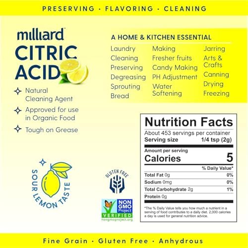 Milliard Citric Acid Powder Food Grade, 2 lb Bag, Bulk, 100% Pure Citric Acid Food Grade, Non-GMO Project Verified, Cleaning, Bath Bombs, Cleaner, Descaler, Dishwasher, Candy, Acido Citrico en Polvo