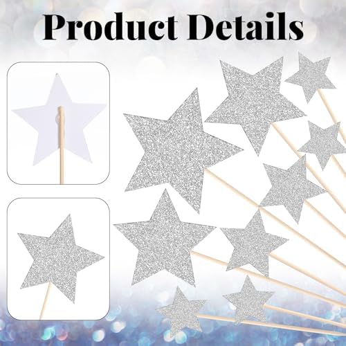 42 PCS Glitter Silver Star Cake Picks, Twinkle Star Cupcake Toppers, Wedding Engagement Baby Shower Birthday Party Cake Decorations Supplies, Mixed Size