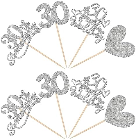 24 PCS 30th Anniversary Cupcake Toppers Silver Glitter Heart 30 Pearl Wedding Anniversary Cupcake Picks for Cheers to 30 Years Blessed & Loved Wedding Anniversary Party Cake Decorations Supplies