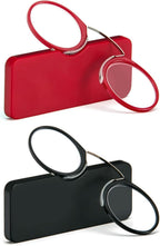 REAVEE 2 Pack Pinch Nose Clip on Reading Glasses Armless for Men Women, No Temple Slim Compact Readers Ultra Thin with Mini Portable Case, Black and Red +2.0