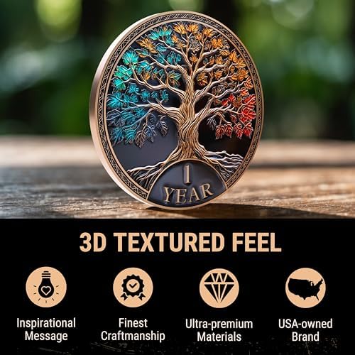 MilestoneMint 1 Year Sobriety Coin Tree of Life Gift Set | Anniversary Sobriety Gifts for Men & Women | AA Coins and Medallions with Token Capsule, Stand & Card | 3D Texture, Recovery AA Chips