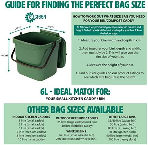 All-Green 6 Litre Compostable Kitchen Caddy Liners 6L Food Waste Bin Liners, 150 Bags