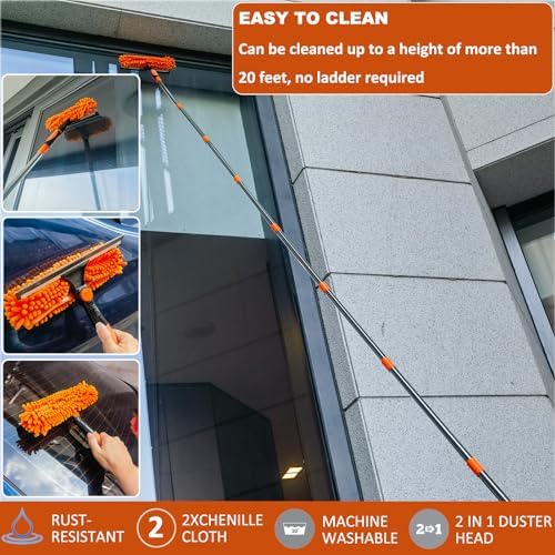 20+ Feet High Reach Duster Kit with 3-14 ft Extension Pole // High Ceiling Dusting and Window Cleaning Kit with Spliceable Pole - Window Washer & Squeegee, Cobweb Duster, Fan Blade and Feather Dusters