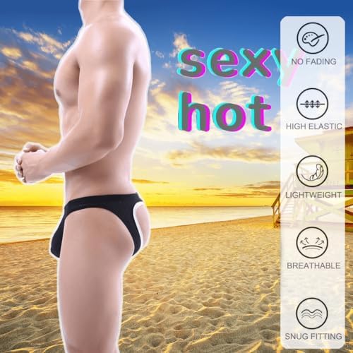 Men's Sexy Jockstrap Underwear Thong Mesh Bikini Briefs with Enhancing Pouch See through Underpants Low Rise Panty