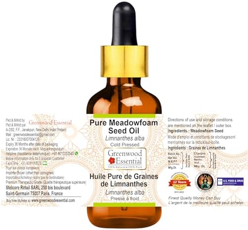 Greenwood Essential Pure Meadowfoam Seed Oil (Limnanthes alba) with Glass Dropper Cold Pressed 50ml (1.69 oz)