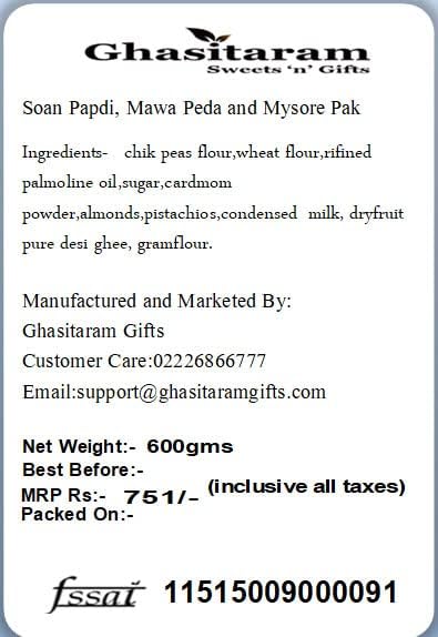 Ghasitaram Gifts Indian Sweets - Diwali Gifts Diwali Sweet - Soan Papdi, Mawa Peda and Mysore Pak