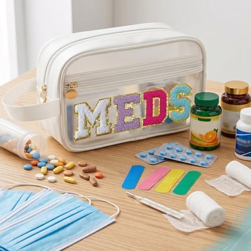 COSHAYSOO Clear MEDS Bag Travel Medicine Zipper Pouch Small Medication Drug Pills Storage Case, Preppy Cute Cruise Air Car Traveling Essentials Accessories Organizer Easter Gift for Women Teen Girls