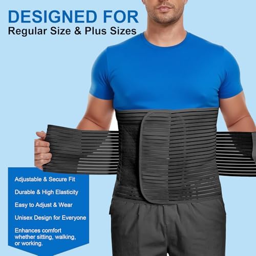 Abdominal Binder, 12-Inch Wide Elastic Belly Wrap for Men and Women, Abdominal Binder Post-Surgery, Stomach Compression Garment for Hernia Surgery, Natural Birth, Abdominal Injuries (Black,L)