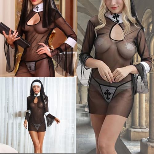 ROSVAJFY Women's Sexy Nun Cosplay Lingerie Anime Roleplay Costume High Slit Fancy Dress Outfit Halloween Nightwear with Veil