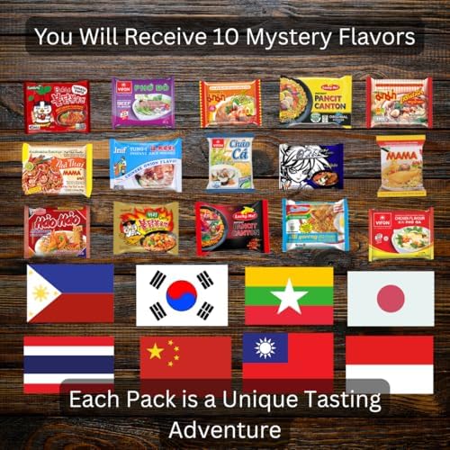 Ramen Noodles from Around the World International Snack Box Variety Pack of 10 Instant Noodles - Japanese, Filipino, Thai, Vietnamese with Chopsticks and Sticker