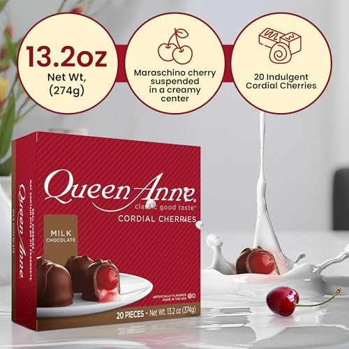 Queen Anne Milk Chocolate Covered Cordial Cherries | 13.2 oz | 20 Piece Gift Box | Whole Maraschino Cherry Creamy Filled Liquid Center | Holiday Party Chocolate Candy