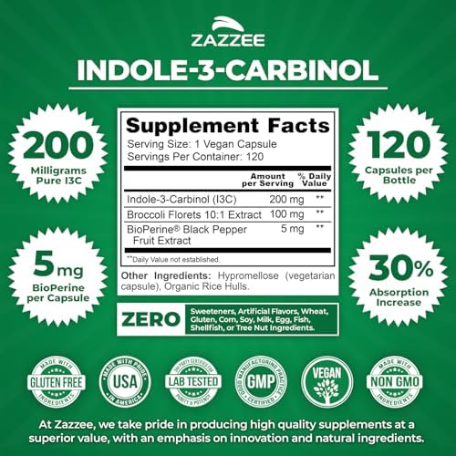 Zazzee High Absorption Indole-3-Carbinol (I3C), 200 mg per Capsule, 120 Vegan Capsules, 4 Month Supply, 5 mg BioPerine for Enhanced Absorption, 100% Vegetarian, All-Natural and Non-GMO