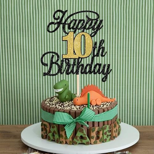 Rsstarxi 1 Pack Happy 10th Birthday Cake Topper Glitter 10 Fabulous Cake Decoration Hello 10 Cheers to 10 Years Birthday Cake Pick for Happy 10th Birthday Anniversary Party Decorations Black Gold