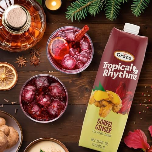 Grace Tropical Rhythms Sorrel Ginger Jamaican Fruit Juice 1 Liter (33.8oz) - 3 Cartons - Authentic Jamaican Ginger Juice Pure Drink