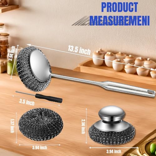 Steel Wool Scrubber with Handle: 7Pcs Stainless Steel Scrubber Brush Set – 1 Long Brushes,1 Short Brushes,4 Replaceable Pads,1 Screwdriver for Home Cooks,BBQ Enthusiasts,Anti-Scratch,for Kitchen