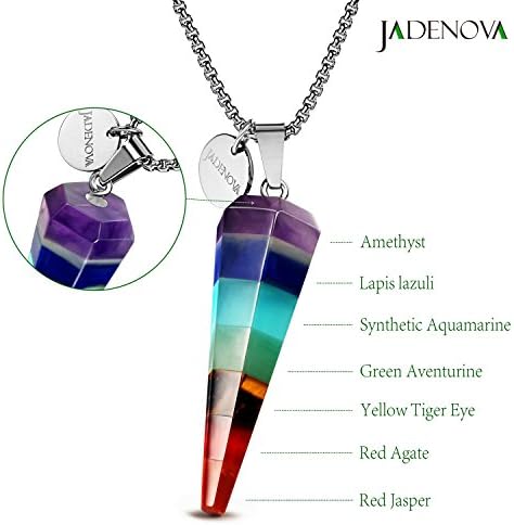JADENOVA 7 Chakra Stones Necklace Gemstone Pendant Necklace Energy Healing Crystal Divination Pendulum For Women (Cone Hexagonal, 18 Inches Stainless Steel Chain)