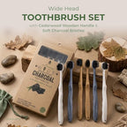 Pursonic Wide Head Toothbrush Set with Cedarwood Wooden Handle & Soft Charcoal Bristles - Travel Friendly Natural Oral Care Brushes with Comfortable Grip Design for All Age Groups - Pack of 6