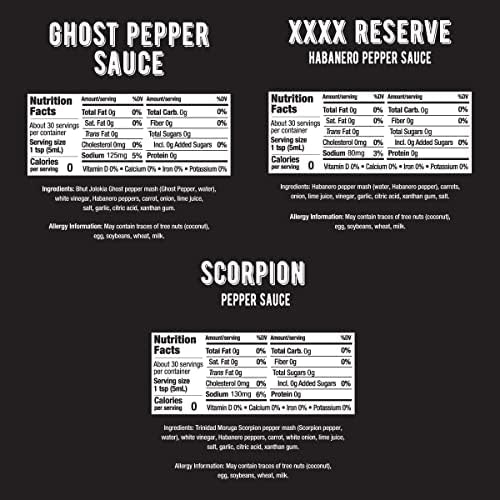 Melinda’s Extreme Fiery Variety Pack - Extra Spicy Craft Hot Sauce Gift Set - Includes Ghost Pepper, Scorpion Pepper, Habanero XXXXtra Reserve - Extreme Heat Hot Sauce Variety Set - 5oz, 3 Pack