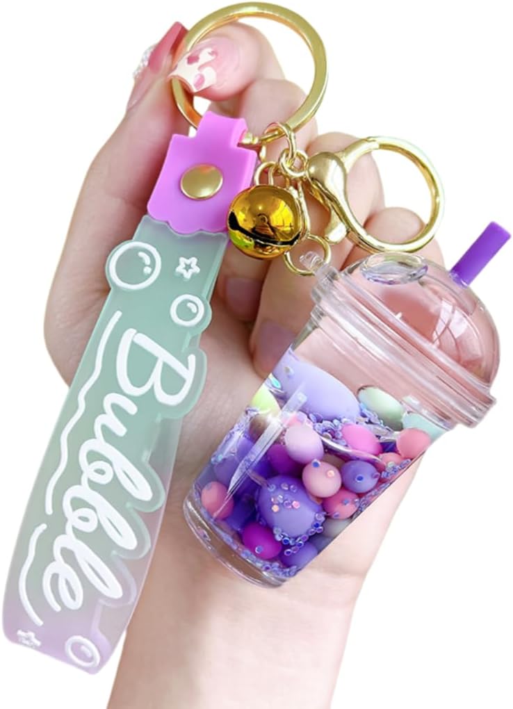 HSYHERE Luminous Lovely Summer Colourful Bean Bubble Tea Keychain Milk Tea Cup Keyring Moving Sand Key Chain Ring Bag Pendant