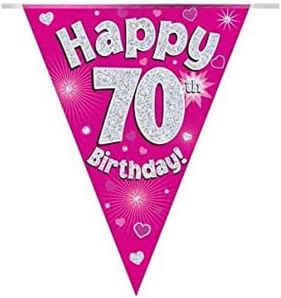 OAKTREE UK 630901 Party Bunting Happy 70th Birthday Pink Holographic 11 Flags 3.9m