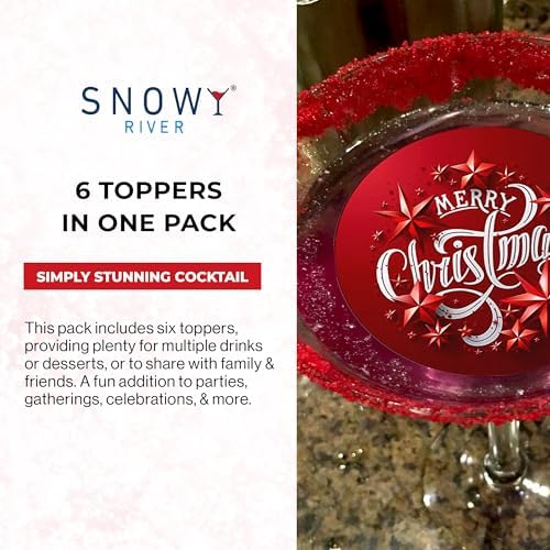 Snowy River Cocktail Toppers (1x6 Pack) - All Natural Edible Topper for Cocktails, Milk Shakes, Cakes and Ice Cream (Merry Christmas)