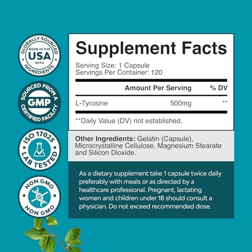 Free Form L Tyrosine 500mg Capsules - High Strength L-Tyrosine Supplement for Mental Energy and Focus Support - Amino Acid Nootropic Supplement for Mood Focus Attention and Cognitive Performance