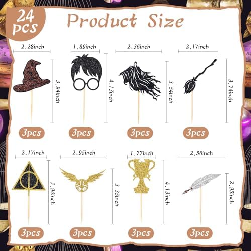 24 Pcs Black Magical Wizard Cupcake Toppers Gold Wizard Hat Flying Broomstick Cupcake Picks Magical School Theme Party Birthday Cake Decorations
