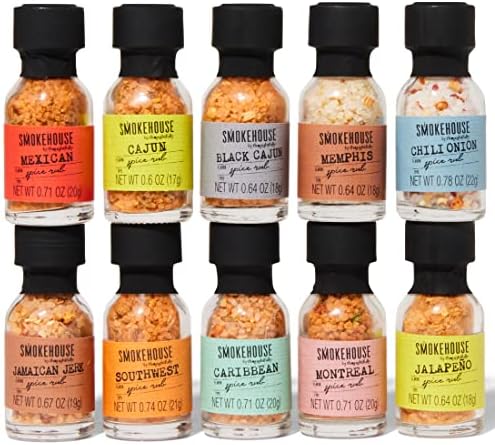 Smokehouse by Thoughtfully, Gourmet Grilling Spice Set in Mini Glass Bottles, Vegan and Vegetarian, Grill Seasoning Flavors Include Caribbean, Jamaican Jerk, Jalapeno, Montreal and More, Pack of 10