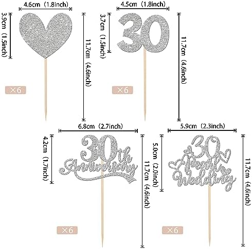 24 PCS 30th Anniversary Cupcake Toppers Silver Glitter Heart 30 Pearl Wedding Anniversary Cupcake Picks for Cheers to 30 Years Blessed & Loved Wedding Anniversary Party Cake Decorations Supplies