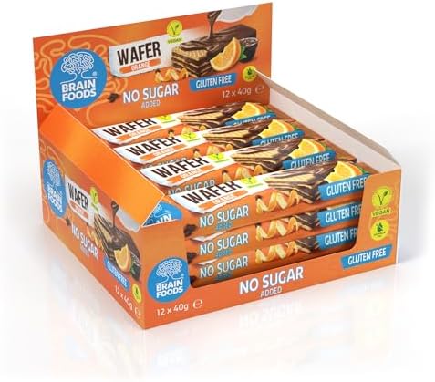 BRAIN FOODS Gluten Free Vegan Chocolate Coated Orange Wafers - 12 Bars, No Sugar Added, High Fiber, No Palm Oil, 1.4 oz, 170 Calories, Guilt Free Snack, Natural Orange Flavor