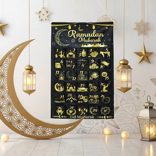 Fabric Ramadan Mubarak Advent Calendar Countdown 30 Days Mystery Eid Mubarak Countdown to Eid Calendar Advent Calendar with 30 Pockets for Ramadan Day Home Wall Decoration