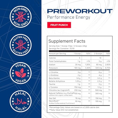 AN Performance Pre-Workout Powder Supplement for Men & Women | Energy Drink Mix with 300mg Caffeine + Beta Alanine + Citrulline | Third-Party Tested | Fruit Punch | 30 Servings