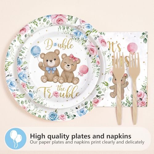 96Pcs Twin Baby Shower Party Decorations Twin Bear Paper Plates and Napkins It's Twins Double the Trouble Disposable Tableware Set for Twins Gender Reveal Boys Girls Birthday Party Supplies, Serve 24