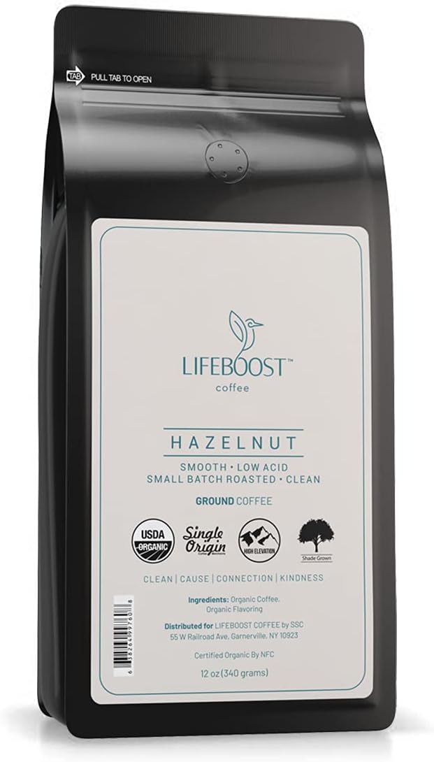 Lifeboost Hazelnut Ground Coffee – Organic, Low Acid, Non-GMO Hazelnut Flavored Coffee – Single Origin, Mold-Free Mycotoxin Tested Coffee, 12 oz