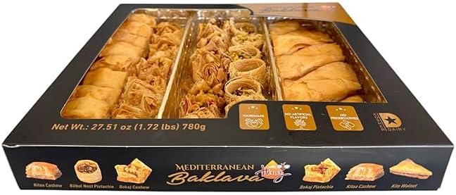 Mediterranean Baklava Assortment with Honey – 27.51 oz (1.72 lbs) – Handmade Layers of Phyllo Dough with Pistachio & Cashew – No Preservatives – Kosher Dairy – Halal Certified
