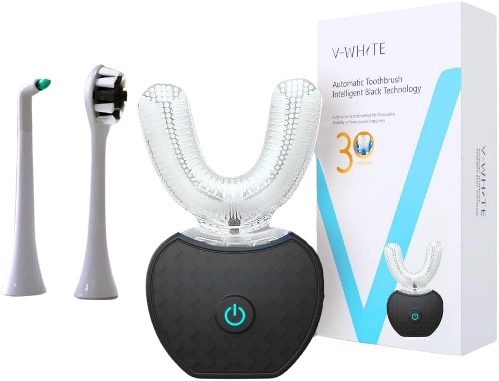 V-WHITE Adults Auto Brush Ultrasonic U-Shaped Toothbrush – 360° Teeth Cleaning, Hands-Free Electric Autobrush – Gum Protection, Waterproof IPX7, Wireless Charging