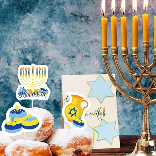 Whaline 48Pcs Happy Hanukkah Cupcake Topper Menorah Star Gnome Cupcake Picks Blue Chanukah Food Picks for Cake Decoration Party Supplies
