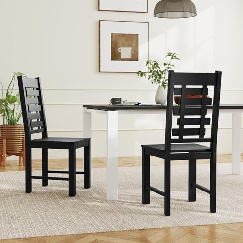 Giantex Wooden Dining Chairs Set of 2, 100% Solid Rubber Wood Kitchen Chair with High & Tilted Backrest, Wide Seat, Mid-Century Modern Side Armless Chairs for Dining Room Living Room, Black