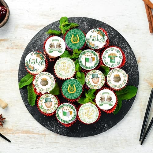 36PCS Edible Happy St Patrick’s Day Cupcake Toppers Wafer Paper Shamrock Green Hat Lucky Cupcake Picks for Happy St Patrick’s Day Irish Theme Baby Shower Birthday Party Cake Supplies