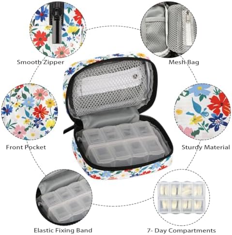 Spring Summer Flowers Pill Case Everyday Travel 7 Day Weekly Medicine Pill Box Compact Portable Pills Bottle Organizer with Zipper for Daily Vitamin Medicine Holder Bottle Organizers Bag