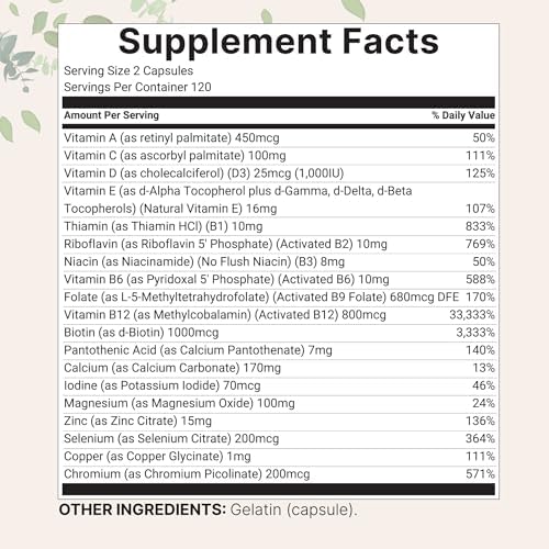 Micro Ingredients Pure Methylated Multivitamin, 240 Capsules | 19-in-1 Formula with Vitamins C, D, B12, Folate, Magnesium, Zinc & More | Filler Free, Non-GMO