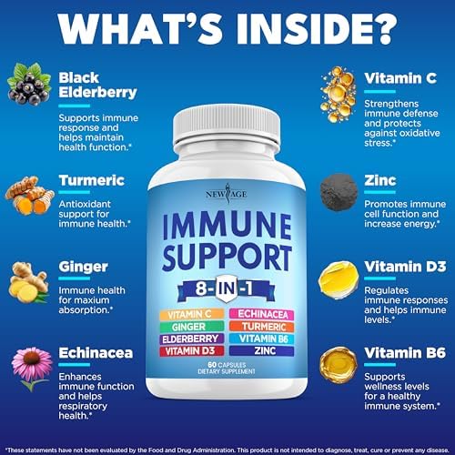 NEW AGE 8 in 1 Immune Support Booster Supplement with Echinacea, Vitamin C and Zinc 50mg, Vitamin D 5000 IU, Turmeric Curcumin & Ginger, B6, Elderberry 120 Count (Pack of 2)