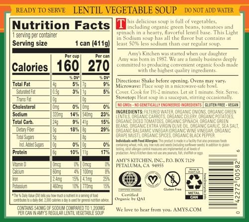 Amy’s Soup, Vegan Light in Sodium Lentil Vegetable Soup, Gluten Free, Made With Organic Vegetables, Canned Soup, 14.5 Oz (6 Pack)