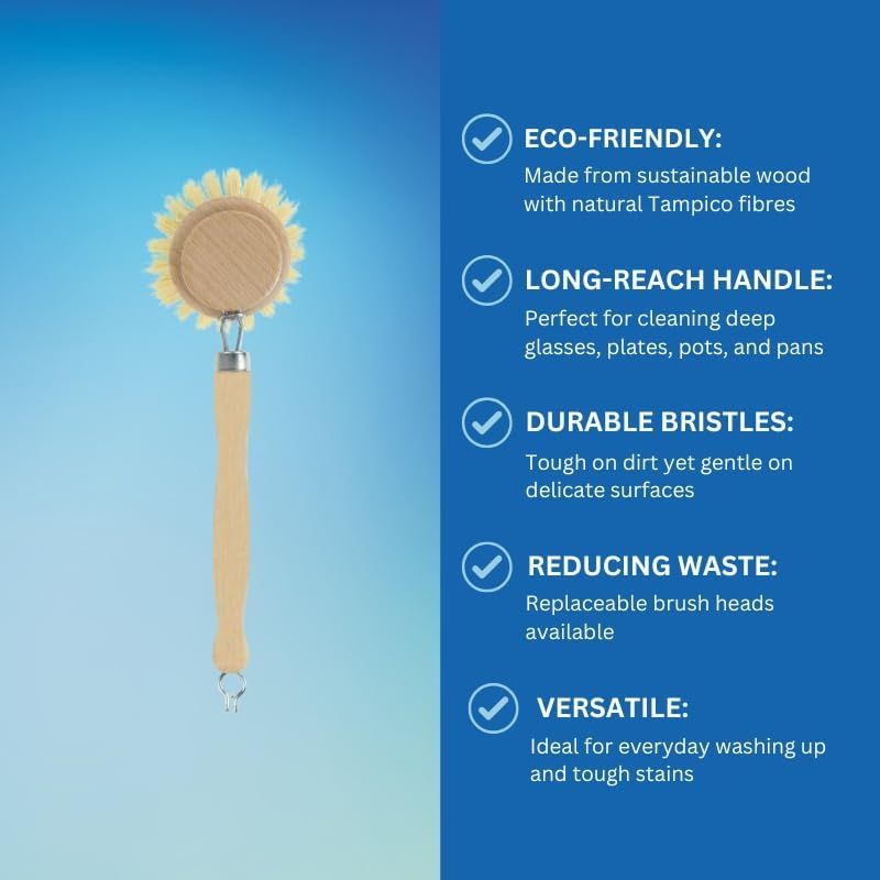 Elliott Wooden Dish Brush, Natural Tampico and Metal Fixings, Removable and able Brush Head, Plastic Washing up, Dimensions 240 X 55 X 35mm