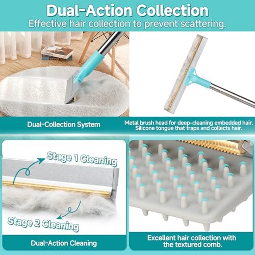 Carpet Rake for Pet Hair Removal Tool, Reusable Pet Hair Remover Broom, Dog&Cat Hair Remover Scraper Rake with 54” Adjustable Long Handle, 3 Pcs Carpet Brush Rake for Rugs, Mats, Couch, Furniture
