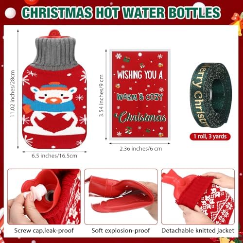 Hortsun 5 Pcs Christmas Hot Water Bottle with Knitted Cover and Inspirational Cards 1L Red Hot and Cold Water Bag for Menstrual Cramps Neck and Shoulder Pain Relief