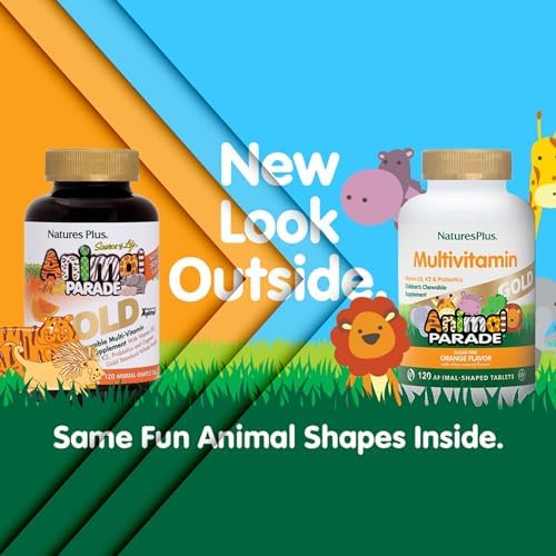 NaturesPlus Animal Parade Source of Life Gold Children's Multivitamin - Orange Flavor - 120 Chewable Animal Shaped Tablets - Immune Support Supplement - Gluten-Free - 60 Servings